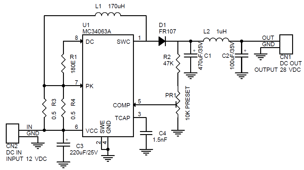 Step Up DC-DC Converter 28V Output from 12V DC IN Using MC34063 (3)